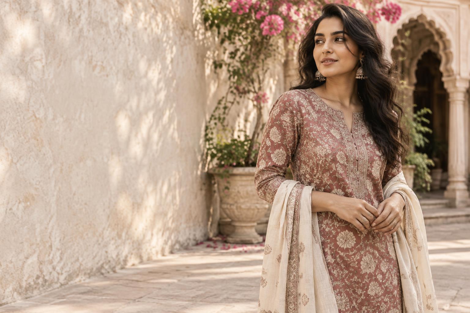 Indian model wearing a rose printed kurta in a sunlit courtyard