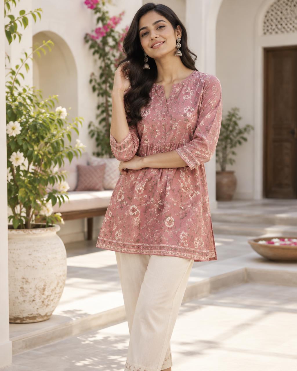 Rose printed short kurti in a heritage courtyard